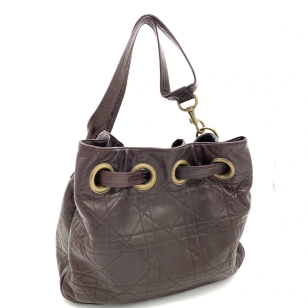 Christian Dior Vintage Brown Quilted Leather Cannage Drawstring Bucket Bag - Picture 2 of 12